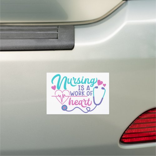 RN Nursing Is A Work Of Heart Aqua Pink Purple Car Magnet