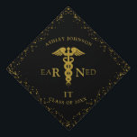 RN Nursing School EARNED IT Class Black Gold Graduation Cap Topper<br><div class="desc">Modern,  elegant black graduation cap topper in gold glitter with the RN caduceus forming the word "Earned",  the graduate's name,  and year. Copyright Elegant Invites,  all rights reserved.</div>