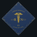 RN Nursing School EARNED IT Class Blue Gold Graduation Cap Topper<br><div class="desc">Modern,  elegant blue graduation cap topper in gold glitter with the RN caduceus forming the word "Earned",  the graduate's name,  and year. Copyright Elegant Invites,  all rights reserved.</div>
