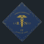 RN Nursing School EARNED IT Class Blue Gold Graduation Cap Topper<br><div class="desc">Modern,  elegant blue graduation cap topper in gold glitter with the RN caduceus forming the word "Earned",  the graduate's name,  and year. Copyright Elegant Invites,  all rights reserved.</div>