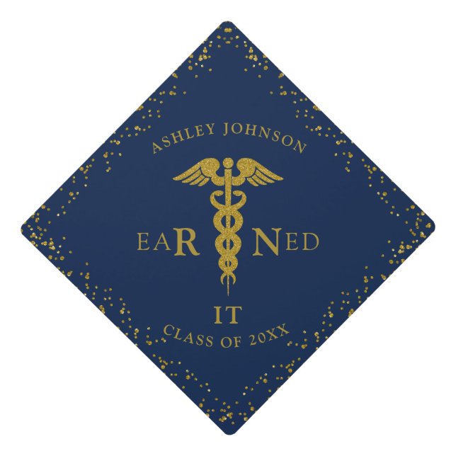 RN Nursing School EARNED IT Class Blue Gold Graduation Cap Topper (Front)