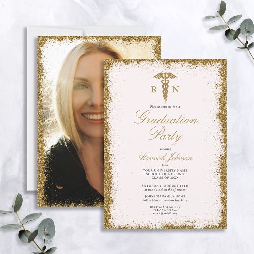 RN Nursing School Gold Glitter Pink Graduation Invitation