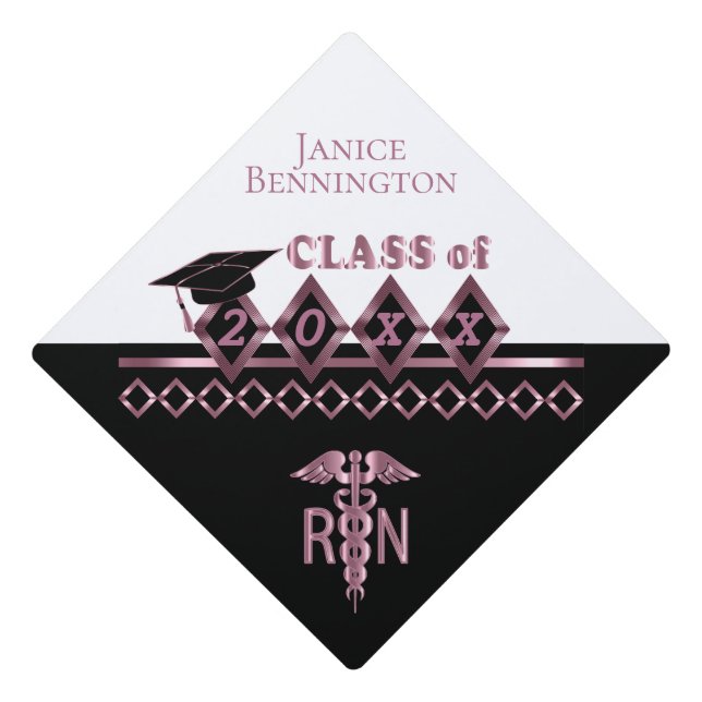 RN Nursing School Graduate - Pink Rose Graduation Cap Topper (Front)