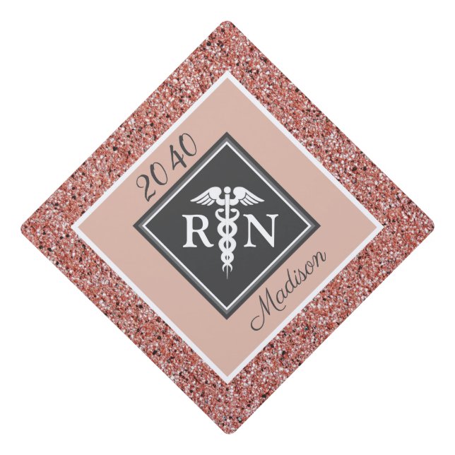 RN Nursing School Pink Glitter Personalized Graduation Cap Topper (Front)