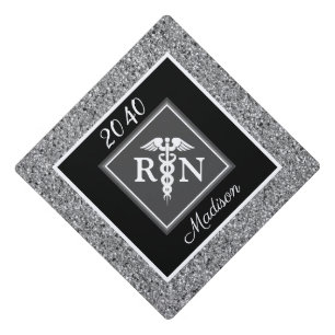 RN Nursing School Silver Glitter Personalized Graduation Cap Topper