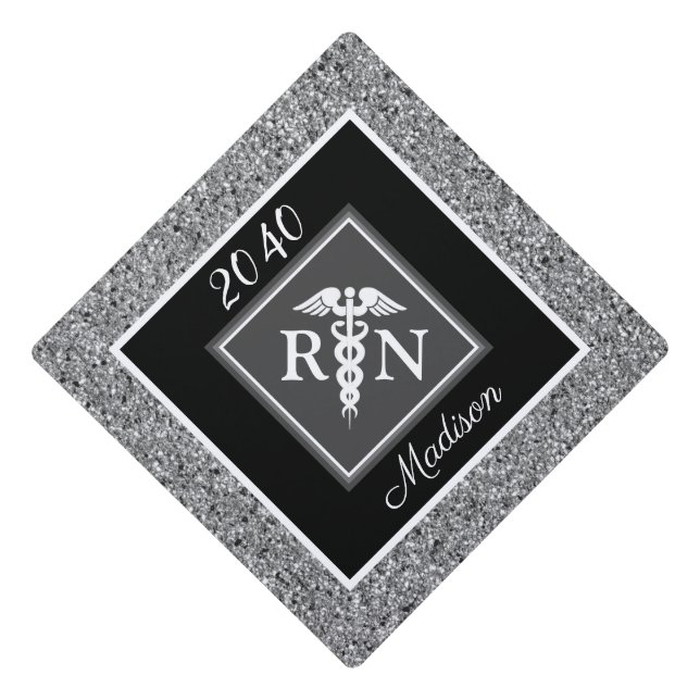 RN Nursing School Silver Glitter Personalized Graduation Cap Topper (Front)