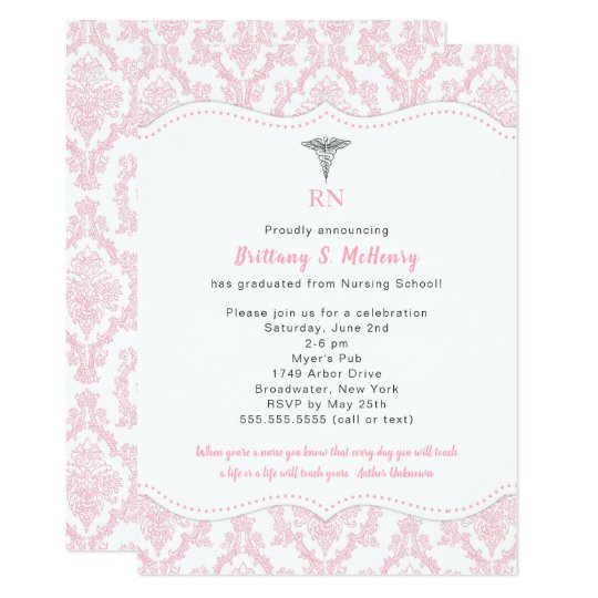 Rn Pink Damask Nursing School Graduation Party Invitation Zazzle Com