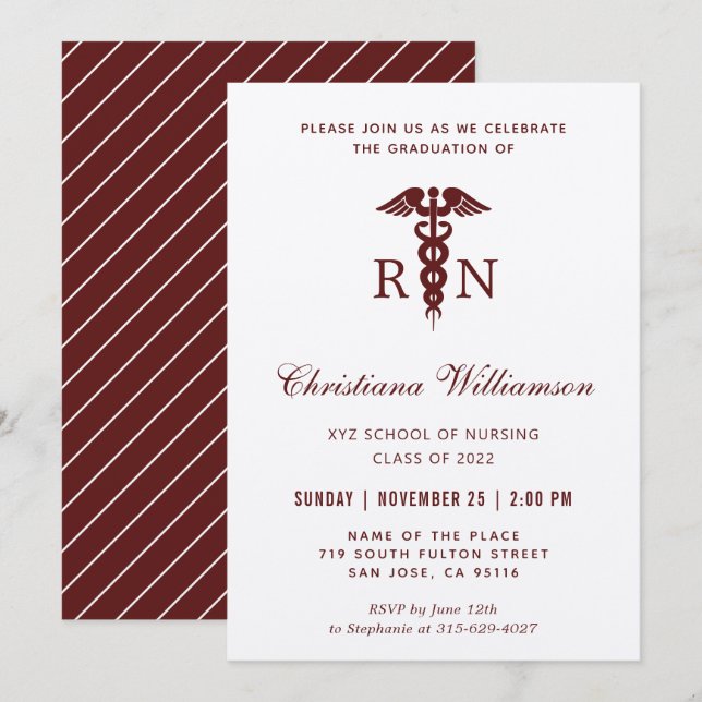 RN Registered Nurse Caduceus Minimalist Graduation Invitation (Front/Back)