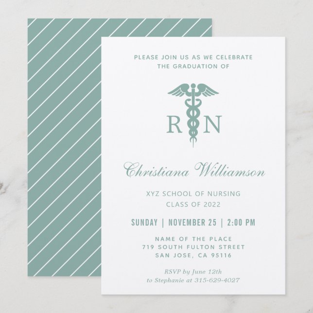 RN Registered Nurse Caduceus Minimalist Graduation Invitation (Front/Back)