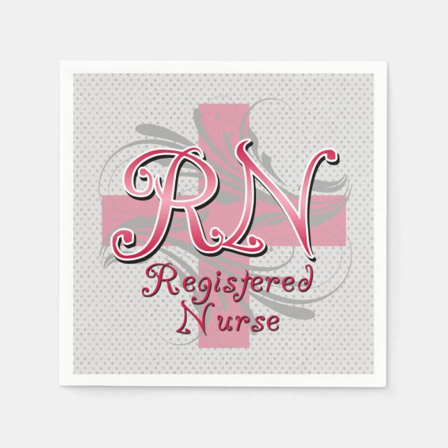 RN Registered Nurse, Pink Cross Swirls Paper Napkins (Front)