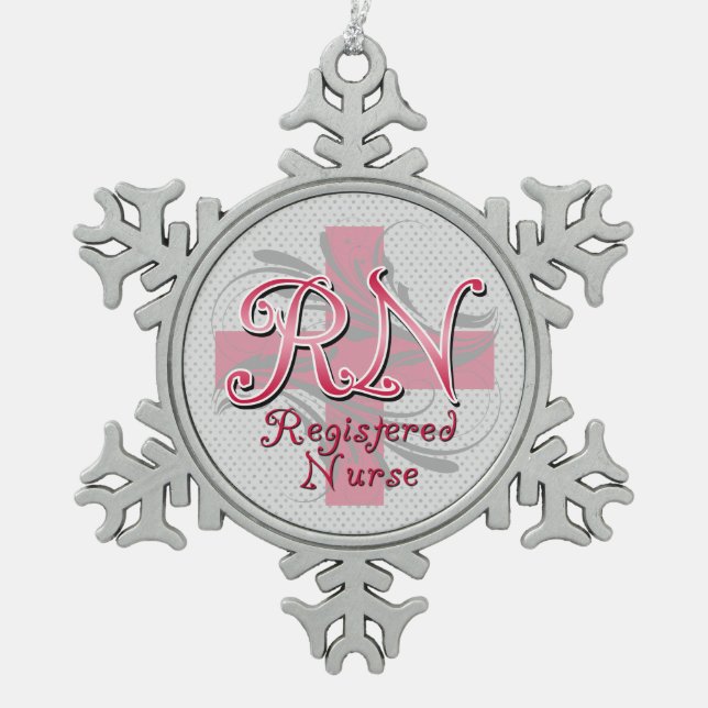 RN Registered Nurse, Pink Cross Swirls Snowflake Pewter Christmas Ornament (Front)