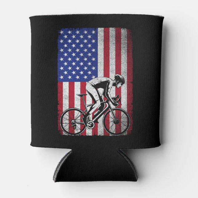 Road Biking Cycling 4th Of July USA American Flag  Can Cooler (Front)