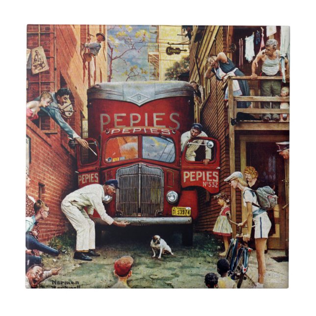 Road Block by Norman Rockwell Ceramic Tile (Front)