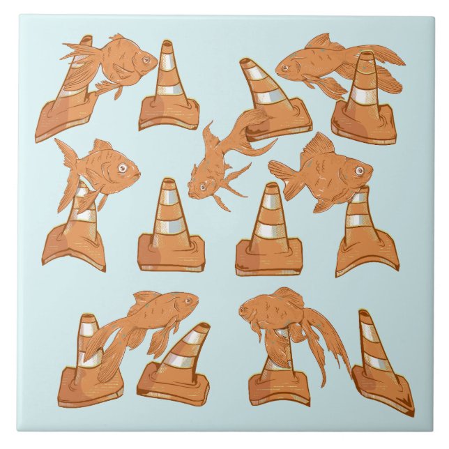 Road Cones and orange goldfish Ceramic Tile (Front)