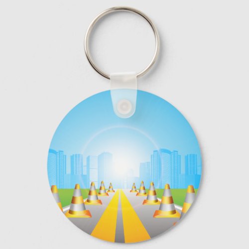 Road Cones Leading To A City Keychain
