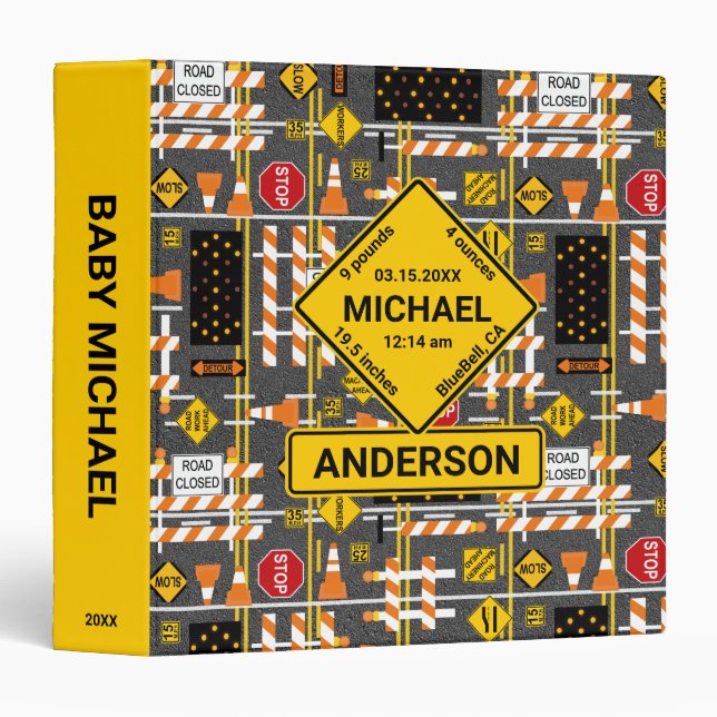 Road Construction Signs Boy Birth Stats 3 Ring Binder (Front/Spine)