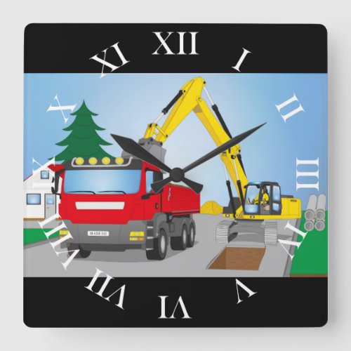 Road construction site with red trucks and yellow  square wall clock