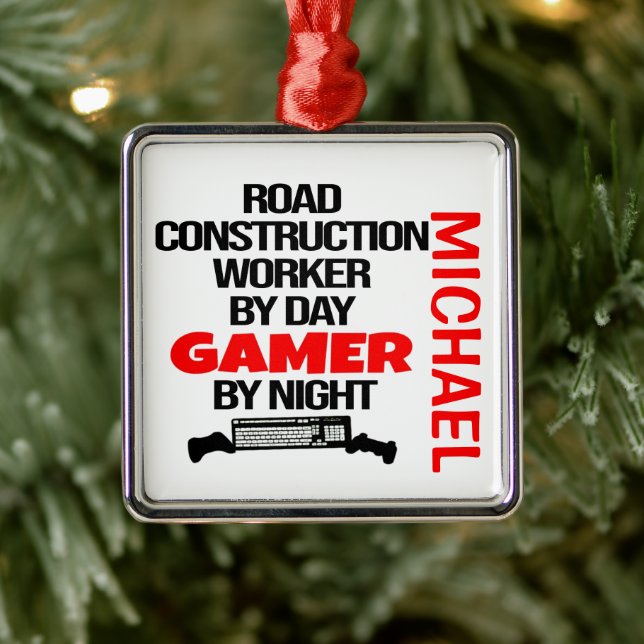Road Construction Worker Loves Playing Video Games Metal Ornament (Tree)