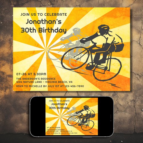 Road Cyclists with Retro Sunburst Bike Birthday Invitation