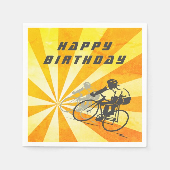 Road Cyclists with Retro Sunburst Bike Birthday Napkins (Front)