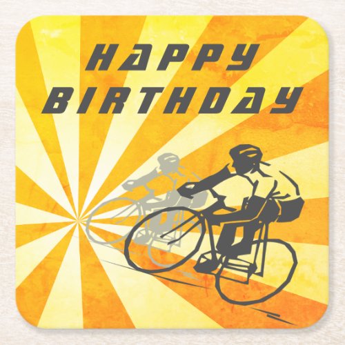 Road Cyclists with Retro Sunburst Bike Birthday Square Paper Coaster