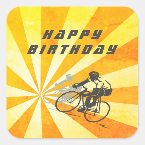 Road Cyclists with Retro Sunburst Bike Birthday Square Sticker