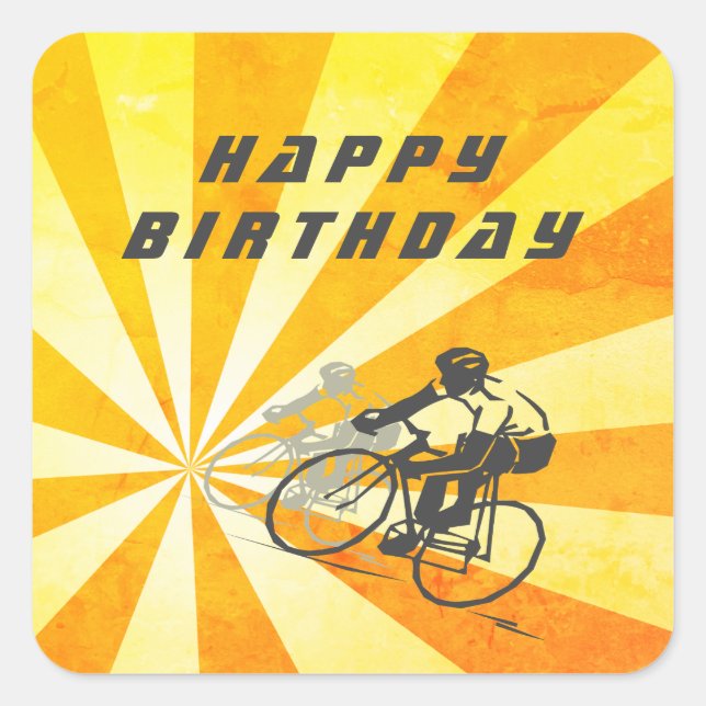 Road Cyclists with Retro Sunburst Bike Birthday Square Sticker (Front)