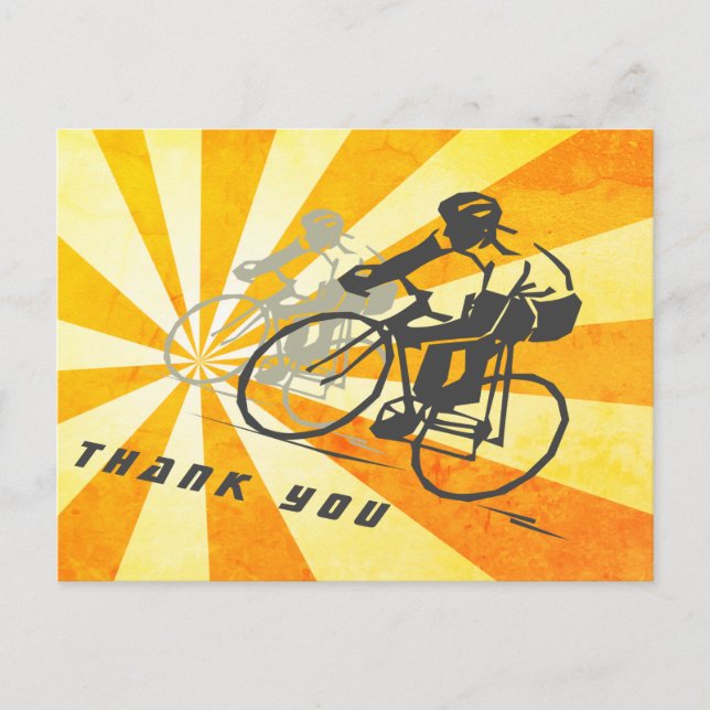 Road Cyclists with Retro Sunburst Biking Thank You Postcard (Front)