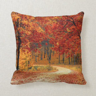 Road Forest Fall Path Throw Pillow