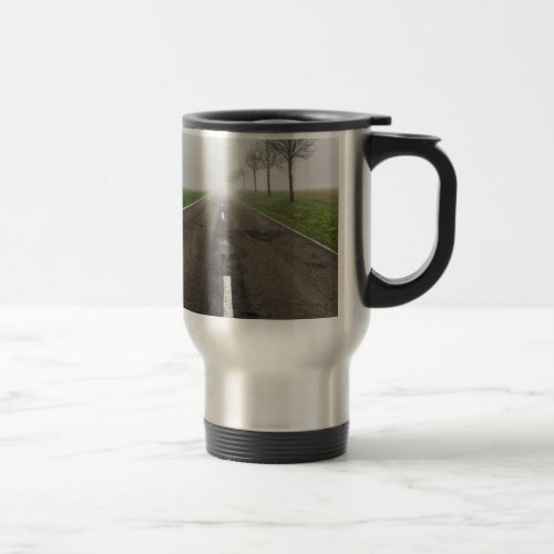 Road in fog leads to nothing travel mug