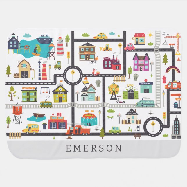 Road Map Town Map Personalized Boy Baby Blanket (Horizontal)