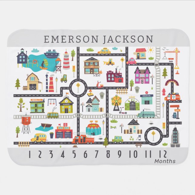 Road Map Town Monthly Milestone Boy Baby Blanket (Horizontal)