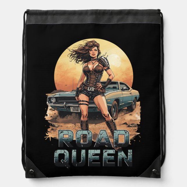 Road Queen – Post-Apocalyptic Pin-Up Warrior Drawstring Bag (Front)