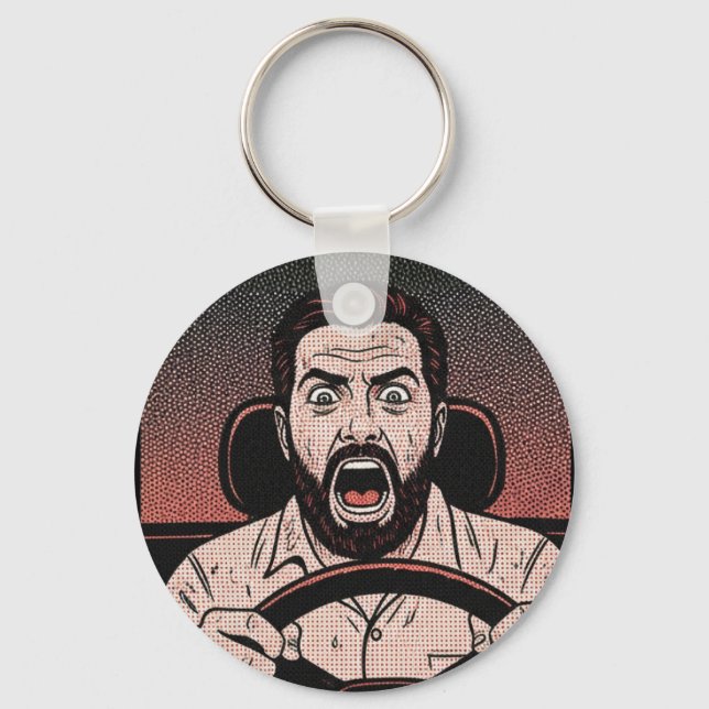 Road Rage Comic – Driver’s Fury Unleashed Keychain (Front)