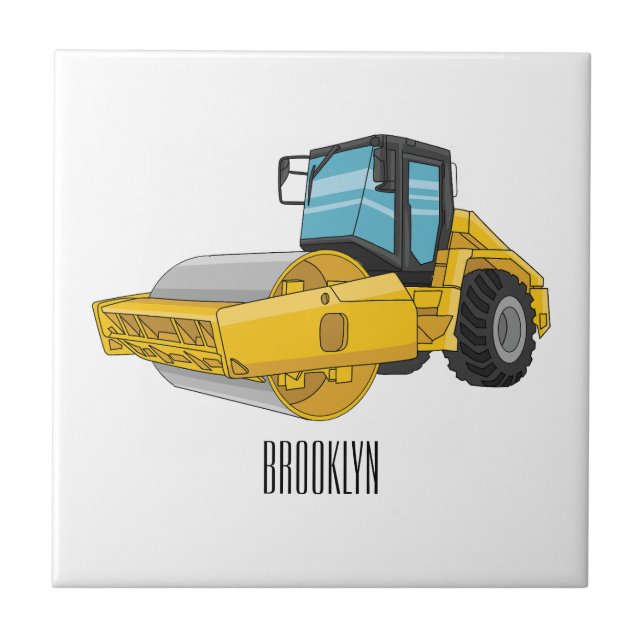 Road roller cartoon illustration ceramic tile (Front)