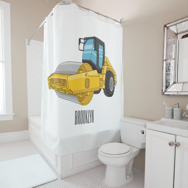 Road roller cartoon illustration shower curtain (In Situ)