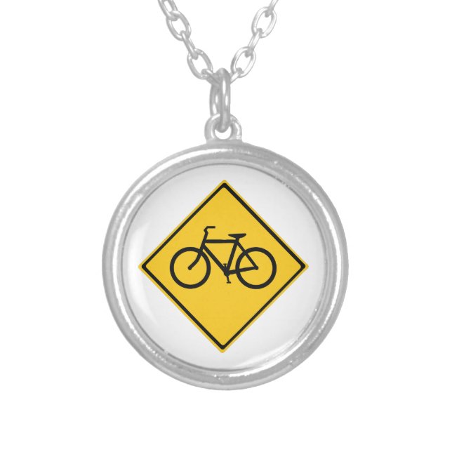 Road Sign Bicycle Silver Plated Necklace (Front)