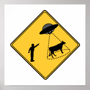 Road Sign- Cow and UFO Poster