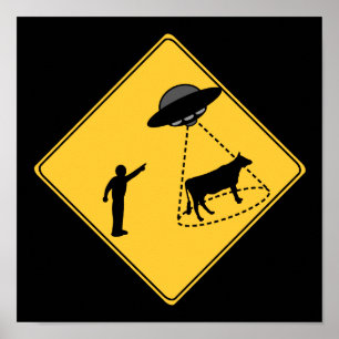 Road Sign- Cow and UFO Poster