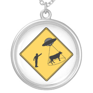 Road Sign- Cow and UFO Silver Plated Necklace