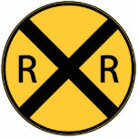 Road Sign Railroad Crossing Cutout<br><div class="desc">A classic yellow sign showing a railroad crossing.</div>