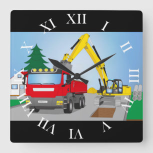 Road site with red truck and yellow excavator square wall clock