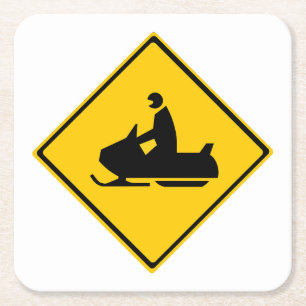 Road Snowmobile Warning Sign Snow Winter Square Paper Coaster