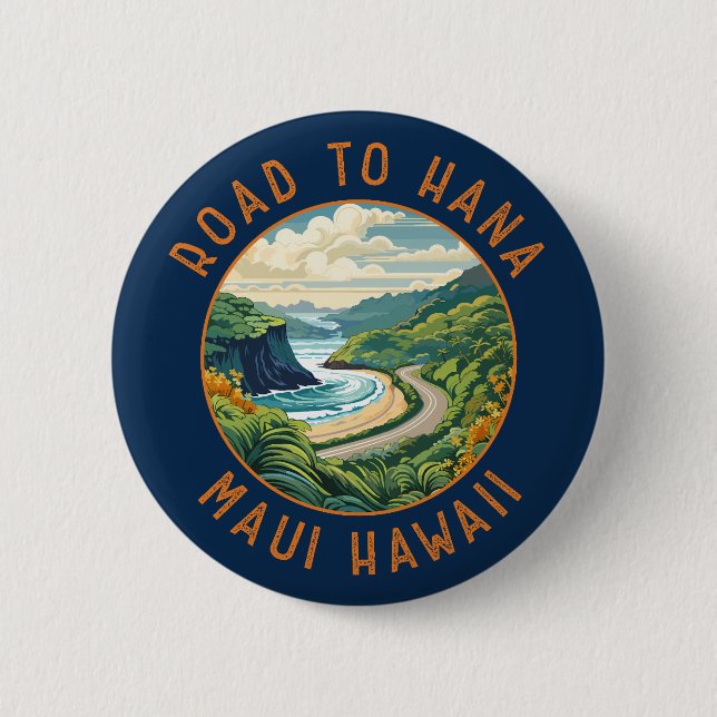 Road to Hana Maui Hawaii Retro Distressed Circle Button (Front)