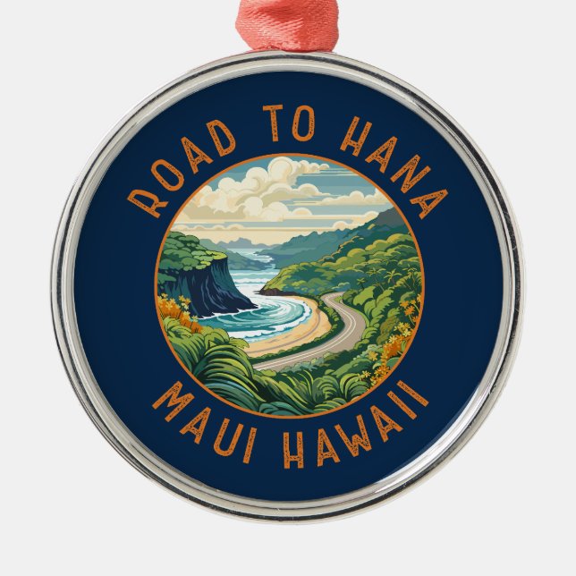 Road to Hana Maui Hawaii Retro Distressed Circle Metal Ornament (Front)
