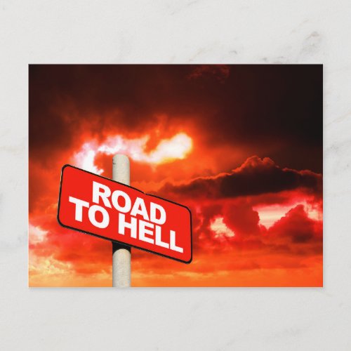 Road to hell sign postcard