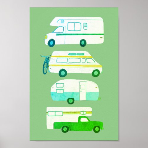 ROAD TRIP Campervan vanlife RV Trailer Green Poster
