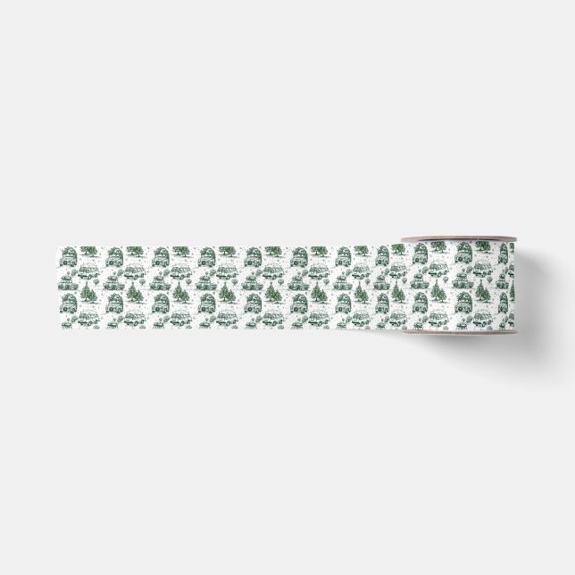 Road trip Christmas holiday toile | green Satin Ribbon (Front)