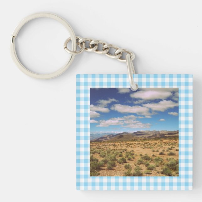 Road Trip Photos Baby Blue Gingham Keychain (Front)
