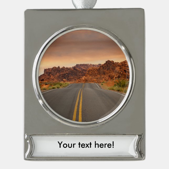 Road trip sunset silver plated banner ornament (Front)